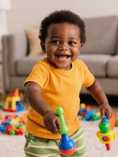 사랑스러운 1세 아프리카계 남아가 다채로운 장난감을 손에 들고 신나게 춤추고 있는 전신 사진입니다. 밝은 색상의 티셔츠와 편안한 바지를 입고 있으며, 아늑한 거실에 다양한 장난감들이 놓여 있어 어린이 놀이의 즐거움과 순수함을 강조합니다.