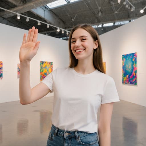 10대 후반의 백인 여성의 반신 사진으로, 캐주얼한 티셔츠와 청바지를 착용하고 있습니다. 그녀는 자유롭고 즐거운 표정을 지으며 손을 흔들며 인사하는 자세를 취하고 있습니다. 배경은 다양한 예술 작품이 전시된 현대적인 전시실로, 그녀의 활기찬 분위기를 잘 드러내고 있습니다.