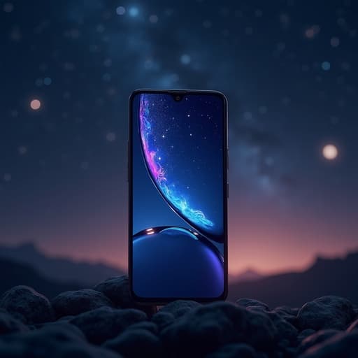 스마트폰, 디지털 기기, 빛나는 별이 반짝이는 밤하늘, 고요하고 매혹적인