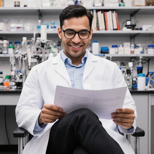 현대적인 연구실에서 연구 자료를 살펴보며 매력적인 미소를 짓고 있는 실험복과 안경을 쓴 30대 혼혈 남성 모델의 반신 샷.