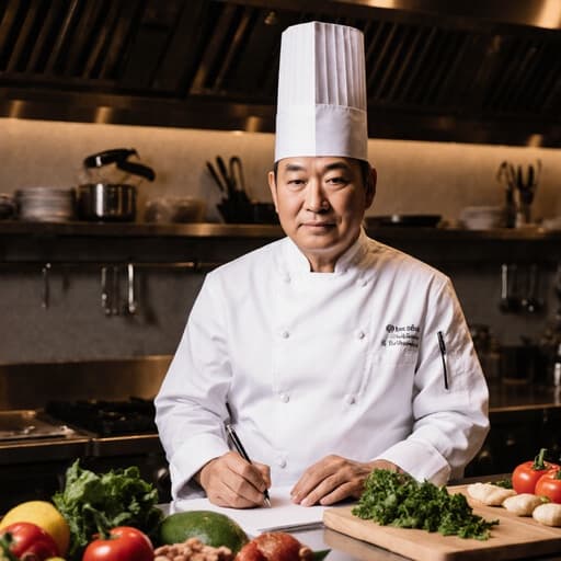 50대 동양인 남성 셰프의 반신 샷으로, 흰색 조리복과 요리사 모자를 착용하고 있으며, 요리 품질에 대한 메모를 작성하고 있는 모습이 담긴 활기찬 주방에서 요리 도구와 신선한 재료들이 배치되어 있어 그의 헌신과 요리에 대한 열정을 보여줍니다.