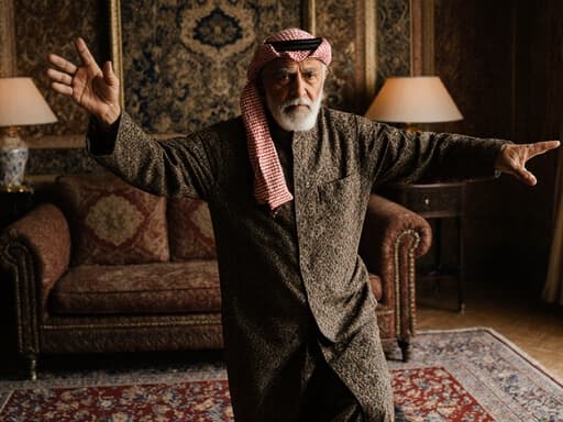 이미지는 70대 중동계 남성이 전통 의상을 입고 걱정스러운 표정으로 즐겁게 춤추는 자세를 취하고 있으며, 화려한 카펫과 전통 장식이 있는 거실 배경이 문화적인 분위기를 강화한 장면을 나타냅니다.