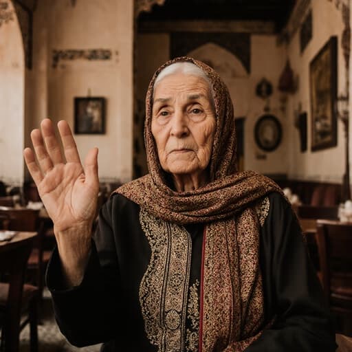 이 이미지는 70대 중동계 여성이 전통 의상을 입고 고풍스럽게 장식된 카페 배경에서 손을 살짝 들어 인사하는 모습을 담고 있으며, 문화 유산과 매력적인 분위기의 조화를 보여줍니다.