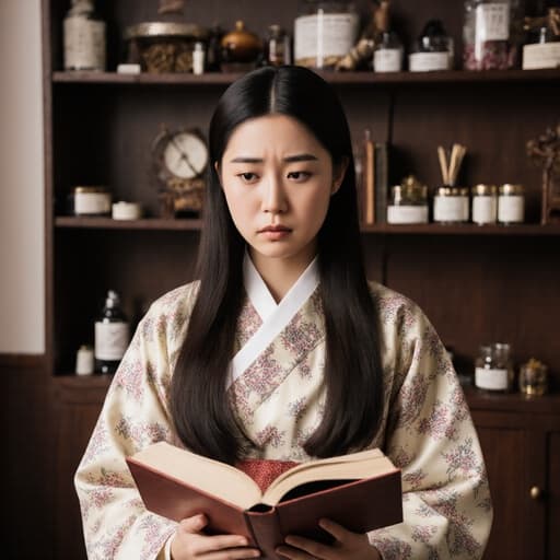 10대 초반의 라틴계 소녀가 전통 한복을 입고, 한의학 서적을 들고 걱정스러운 표정으로 내용을 집중하고 있는 모습입니다. 배경에는 전통적인 한의원이 보이면서 한의학 도구와 약재들이 진열되어 있어 풍부한 문화적 맥락을 제공합니다.