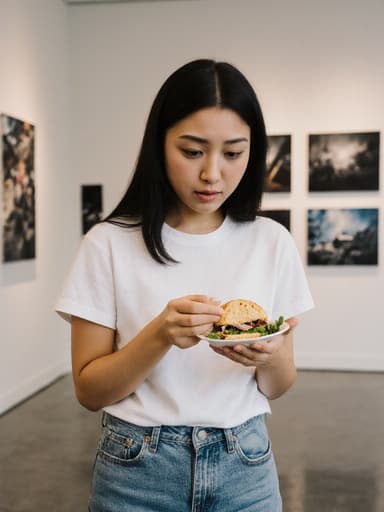 10대 후반의 혼혈 여성의 반신 사진으로, 편안한 티셔츠와 청바지를 착용하고 음식을 손에 들고 약간 놀란 표정을 지으며 바라보고 있습니다. 배경은 여러 사진 작품으로 가득한 사진 교육을 위한 갤러리로, 매력적인 분위기를 만들어냅니다.