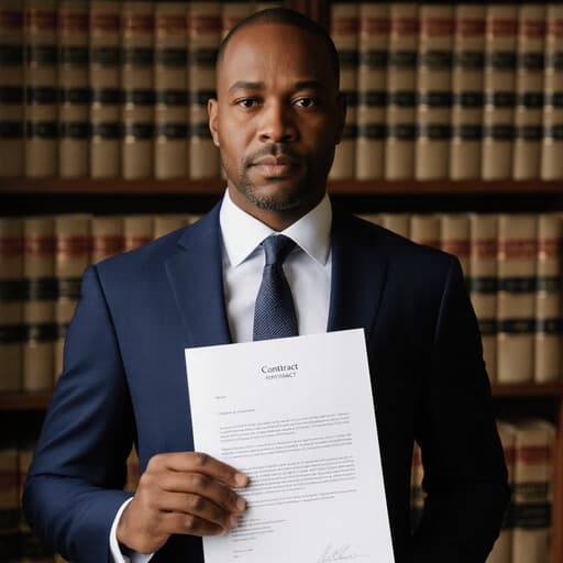 이 이미지는 정장과 넥타이를 착용한 40대 아프리카계 남성이 한 손에 계약서를 들고 다른 손으로 스트레칭하는 모습으로, 법률 도서관의 책장이 가득한 배경을 가지고 있습니다. 그의 무표정은 집중함을 나타내며, 전문성과 편안함이 조화를 이루고 있습니다.