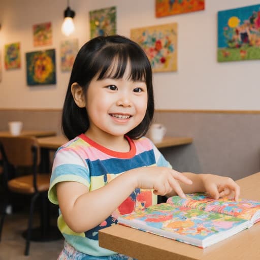 사랑스러운 외모를 가진 3살 한국인 여아가 반신 촬영으로 담겨 있으며, 컬러풀한 티셔츠와 반바지, 귀여운 운동화를 착용하고 있습니다. 그녀는 즐거운 미소를 짓고 있으며, 손가락으로 책상 위의 화려한 책을 가리키며 기쁨을 발산하고 있습니다. 배경은 아늑한 카페 내부로, 벽에는 다양한 색깔의 그림들이 걸려 있어 즐거운 분위기를 더하고 있습니다. 자연광이 공간을 가득 채워 따뜻하고 초대하는 듯한 기분을 조성하며, 소녀의 장난기 가득한 환경과의 상호작용을 잘 보여줍니다.