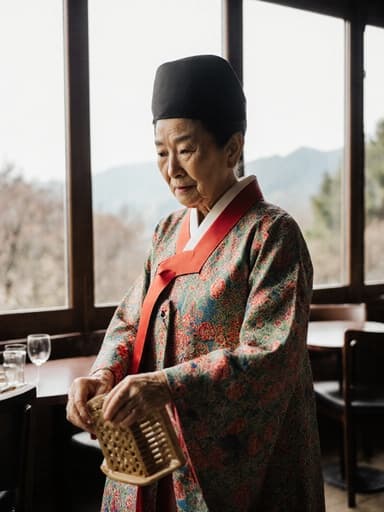 70대 아시아계 여성의 전신 사진으로, 자연스러운 외모를 지닌 모습입니다. 전통 한복을 입고 천천히 걷고 있으며 전통 놀이를 하고 있습니다. 무관심한 표정으로 조용한 카페의 창가에서 외부의 평화로운 풍경을 바라보고 있습니다. 부드럽고 따뜻한 조명이 아늑하고 초대하는 분위기를 만들어 그녀의 복장과 평화로운 환경의 아름다움을 강조하고 있습니다.