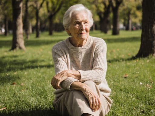 70대 한국인 여성의 반신 사진으로, 편안한 니트 스웨터와 바지를 입고 운동화를 신은 모습입니다. 의자에 앉아 팔짱을 끼고 고개를 살짝 숙이며 주변을 바라보는 지루한 표정을 짓고 있어 약간의 피로감이 느껴집니다. 배경은 푸른 잔디와 나무가 있는 평화로운 공원입니다.
