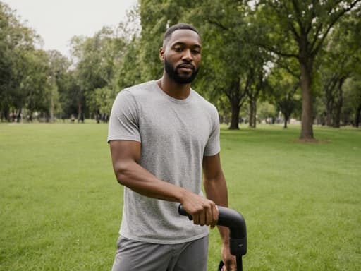 30대 아프리카계 남성이 편안한 운동복을 입고 마사지 기구를 사용하며 공원의 푸른 잔디와 나무들 사이에서 여유롭고 편안한 모습을 담은 반신 촬영 이미지.
