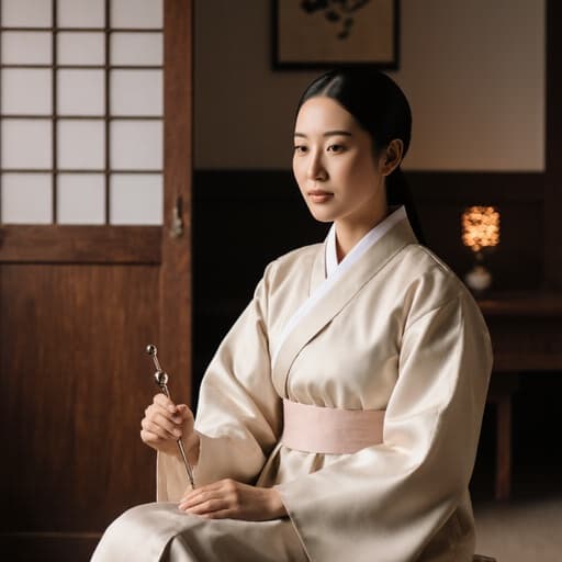 20대의 자연스러운 외모를 가진 흑인 여성이 부드러운 색상의 전통 한복을 입고 있는 반신 사진입니다. 그녀는 차분한 표정을 지으며 신뢰감을 주는 모습으로 다리를 뻗고 앉아 있으며 한 손으로 상담 도구를 들고 있습니다. 배경에는 아늑한 분위기의 전통 한의원 내부가 자리잡고 있으며, 뜸실이 따뜻하고 초대하는 분위기를 더해줍니다.