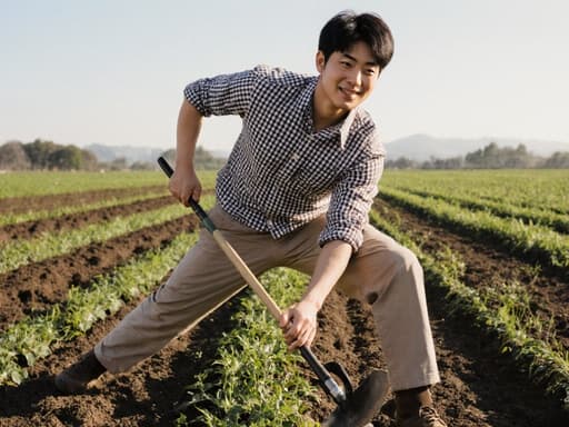건강한 외모를 지닌 20대 동양인 남성이 체크무늬 농부 스타일의 셔츠와 면바지를 입고, 농업 도구를 들고 스트레칭하며 열정적으로 농업 기술에 대한 관심을 드러내고 있는 모습이 푸르른 농업 풍경을 배경으로 그려집니다.