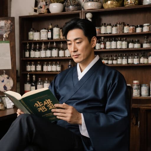 전통 한복을 입은 40대 아시아 남성이 아늑한 한의원 내부에 편안하게 앉아 있습니다. 무표정으로 다리를 뻗고 한의학 서적에 몰두하고 있으며, 주변의 약재와 치료 도구들이 전통 의학의 풍부한 유산을 반영합니다.