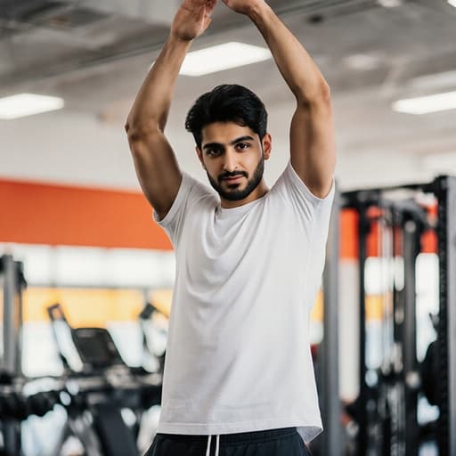 20대 중동계 남성이 밝고 활기찬 실내 운동장에서 편안한 운동복을 입고 스트레칭을 하고 있습니다. 그의 긍정적인 태도와 세련된 표정이 다양한 운동 기구와 함께 매력적인 분위기를 만들어냅니다.