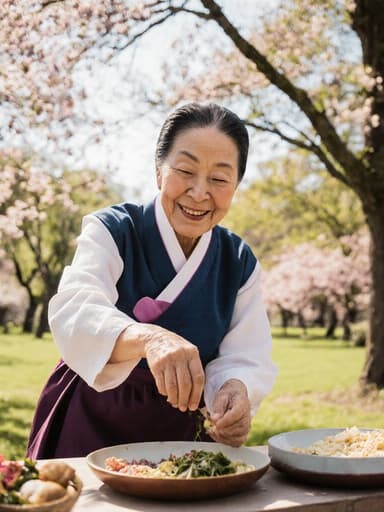 전통 한복을 입은 80세 백인 여성은 전통 음식을 위한 재료를 준비하며, 따뜻한 미소를 지으며 점프하는 자세로 촬영된 반신 사진입니다. 그녀는 맑은 하늘 아래 나무와 꽃이 가득한 평화로운 공원에서 즐거운 분위기를 연출하고 있습니다.