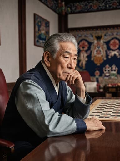 전통 한복을 입은 70대 한국 남성이 회의실 테이블에 앉아 삶을 회상하며 사색하는 모습, 전통 놀이에 관한 소규모 모임이 열리고 있는 문화적으로 풍부한 환경.