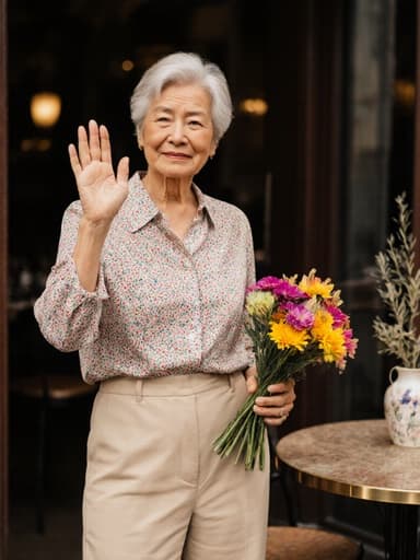 60대 혼혈 여성이 한 손으로 꽃다발을 들고 다른 손으로 인사하며 지루한 표정을 짓고 있습니다. 꽃무늬 블라우스와 베이지색 바지를 입고 있으며, 아늑한 카페 배경이 따뜻하고 초대하는 분위기를 조성합니다.