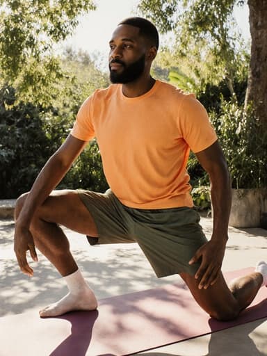 30대 아프리카계 남성이 밝은 요가복을 입고 요가 매트 위에서 자신감 있게 달려가는 자세를 취하고 있는 풀 바디 샷으로, 자연광과 식물이 가득한 평화로운 명상 공간에서 긍정적이고 에너지가 넘치는 분위기를 표현하고 있습니다.