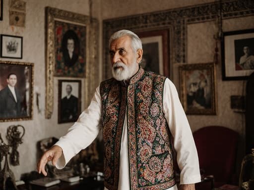 화려한 자수가 새겨진 전통 의상을 입고, 무관심한 표정을 지으며 춤추는 자세로 서 있는 80대 중동계 남성의 반신 초상. 가족 사진과 전통 예술이 장식된 문화적으로 풍부한 거실 배경에서 촬영되었습니다.