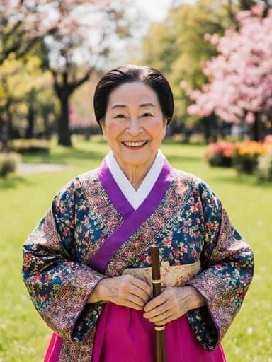 70대의 혼혈 여성의 전신 사진으로, 부드러운 주름과 따뜻한 미소를 보여줍니다. 그녀는 화려한 색상과 복잡한 무늬가 있는 전통적인 한복을 입고 있습니다. 공원에서 우아하게 서 있으며, 작은 전통 악기를 들고 친근하고 따뜻한 표정을 짓고 있습니다. 배경에는 푸른 잔디와 화사한 꽃들이 있어 그녀의 복장과 감정을 잘 보완하는 평화롭고 초대하는 분위기를 만들어냅니다.