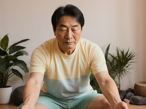 40대 아시아계 남성이 밝은 요가복을 입고 스트레칭 자세를 취하며 지루한 표정을 짓고 있는 평화로운 명상 공간의 반신 사진입니다.