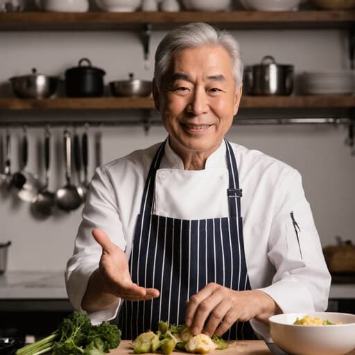 60대 아시아계 남성이 잘 정리된 주방에서 편안한 요리복과 앞치마를 착용하고 있습니다. 그는 요리 재료를 향해 세련된 표정으로 인사하며, 요리 예술에 대한 열정을 따뜻하고 초대하는 분위기에서 보여줍니다.