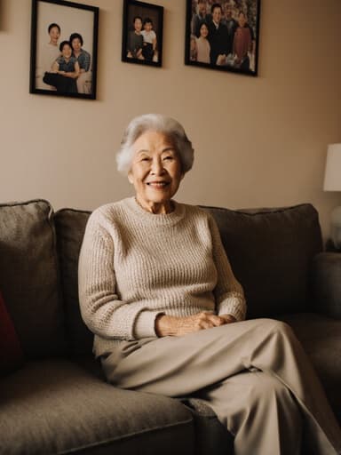 70대의 동양인 여성이 아늑한 거실의 소파에 편안하게 앉아 있는 반신 사진입니다. 그녀는 스타일리시한 니트 스웨터와 슬랙스를 입고 자연스러운 외모를 지니고 있습니다. 만족스러운 미소를 지으며 가족과 따뜻한 대화를 나누고 있으며, 다리는 편안하게 뻗고 있습니다. 배경에는 가족 사진과 부드럽고 따뜻한 조명이 비추는 아늑한 분위기가 연출되어 있습니다.