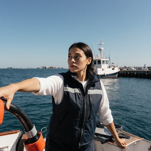 30대의 라틴계 여성이 어선 운항을 위한 작업복을 입고, 정박해 있는 어선에서 안전 장비를 점검하며 약간 당황한 표정을 짓고 있는 반신상. 푸른 하늘과 함께 어항의 아름다운 배경이 어우러져 있습니다.