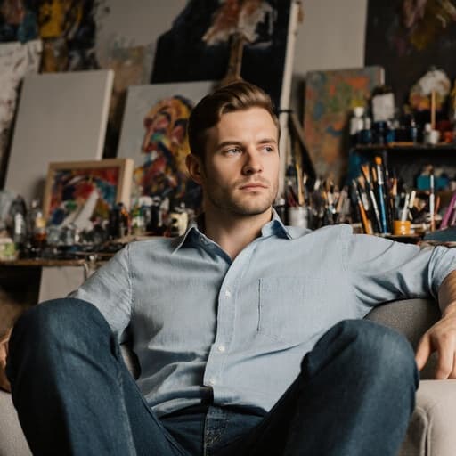 30대 유럽계 남성이 캐주얼한 셔츠와 청바지를 입고 소파에 앉아 무관심한 표정으로 깊은 생각에 잠겨 있는 반신 사진입니다. 배경에는 다양한 캔버스와 물감으로 가득한 예술가의 작업실이 펼쳐져 있어 창의적이고 사색적인 분위기를 강조합니다.