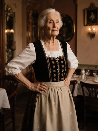 70대의 유럽계 여성이 전통적인 드레스를 입고 손을 허리에 얹고 지루한 표정을 짓고 있는 모습의 전신 사진. 아늑한 카페 내부에서 전통 예절을 반영한 따뜻한 분위기의 장면입니다.