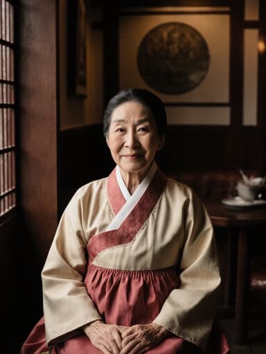 70대 백인 여성이 전통 한복을 입고, 아늑한 전통 카페에 앉아 고마운 미소를 짓고 있는 반신 촬영 사진. 그녀는 무릎에 손을 올려놓고 있으며, 나무 장식과 부드러운 조명이 어우러진 따뜻한 분위기 속에 있습니다.