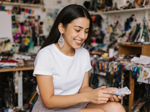 10대 초반의 라틴계 소녀가 트렌디한 옷을 입고 디자인 도구가 가득한 아늑한 창작실에 앉아 디자인 소품을 들고 밝게 웃으며 즐거운 감정을 표현하며 창의적인 아이디어를 떠올리고 있습니다.