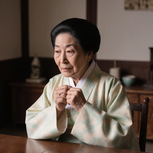 부드러운 파스텔 톤의 한복을 입은 80대 혼혈 여성이 전통 한국식 거실에 앉아 있는 반신 사진입니다. 그녀는 자연스러운 외모로 외로운 표정을 짓고 있으며, 소매를 만지작거리며 깊은 생각에 잠긴 모습입니다. 고즈넉한 나무 가구와 소박한 장식품이 배치되어 조용한 분위기를 만들어냅니다.