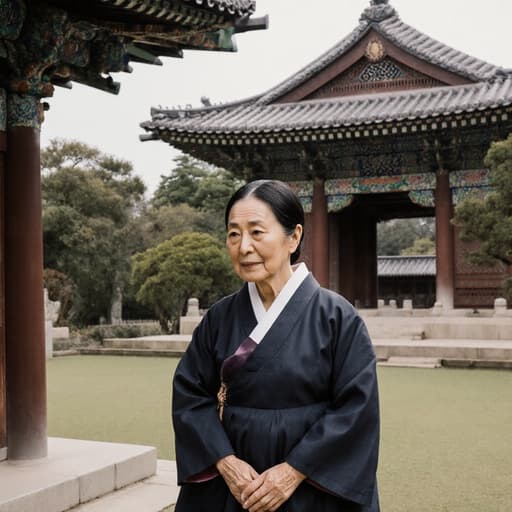 70대의 혼혈 여성이 전통 한복을 입고 아름다운 공원에서 전통 건축물을 바라보며 걱정스러운 표정을 지으며 인사하는 반신 촬영. 푸른 녹지가 그녀의 유산에 대한 감정적 연결을 강조합니다.