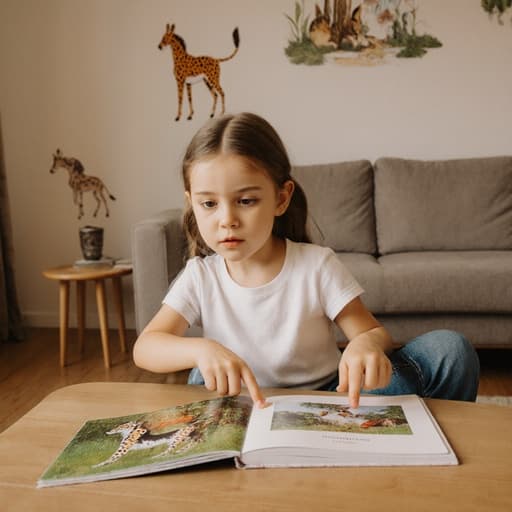 7세 유럽계 소녀가 자연스러운 외모로 아늑한 거실의 테이블에 앉아 편안한 티셔츠와 청바지를 입고 있습니다. 그녀는 배고픈 표정을 지으며 약간의 기대감을 드러내며 동물 그림책의 페이지를 가리키고 있습니다. 배경은 벽에 동물 그림이 걸려 있고 소파가 있는 아늑하고 초대하는 분위기를 연출합니다.