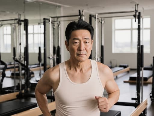 이 이미지는 편안한 필라테스 복장을 착용한 40대 동양인 남성이 지루한 표정을 지으며 달리는 자세로 서 있는 반신 사진을 보여줍니다. 배경에는 다양한 필라테스 기구가 배치된 필라테스 센터의 내부가 강조되어, 편안한 분위기 속에서 피트니스 주제를 부각시키고 있습니다.