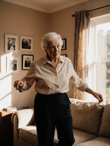 80세 백인 여성이 편안한 긴팔 블라우스와 검정색 바지를 입고 아늑한 거실 소파 옆에서 가벼운 춤을 추고 있는 전신 사진입니다. 무관심한 표정이 편안한 분위기를 더합니다. 배경은 가족 사진이 걸린 따뜻한 거실로, 창문을 통해 자연광이 들어와 아늑하고 친근한 느낌을 줍니다.