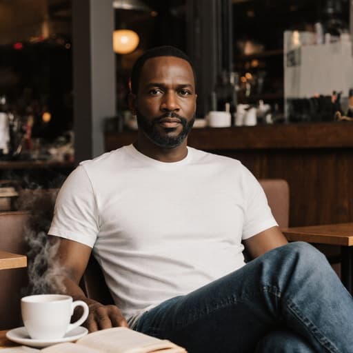 40대 흑인 남성이 평온한 표정으로 편안한 티셔츠와 청바지를 입고 아늑한 카페에서 다리를 뻗고 앉아 있으며, 손은 테이블 위의 커피잔과 책에 자연스럽게 올려놓고 있는 반신 사진. 따뜻한 조명이 있는 이 장면은 신뢰감과 평온함을 전달합니다.