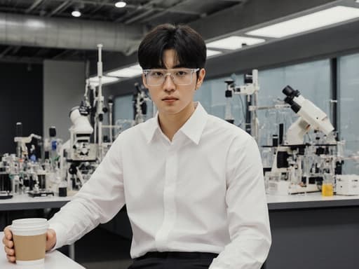 10대 후반의 한국 남성이 현대적인 과학 박물관에서 흰색 셔츠와 검은 바지를 입고 과학적인 안경을 쓴 채 서 있습니다. 그는 한 손에 커피 컵을 들고 다른 손은 테이블에 놓고 지루한 표정을 지으며 흥미로운 과학 전시물들로 가득한 배경 속에 있습니다.