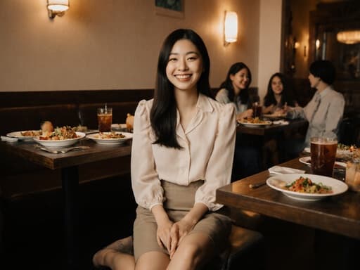 20대 아시아계 여성이 세련된 블라우스와 스커트를 입고 아늑한 레스토랑 바닥에 앉아 친구들과 함께 웃고 대화하며, 부드러운 조명과 맛있는 음식과 음료로 가득한 따뜻한 분위기 속에 있습니다.