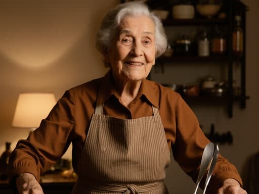 80대 백인 여성의 반신 촬영, 전통적인 에이프런과 따뜻한 블라우스를 입고, 주방 도구를 손에 들고 편안하게 요리 준비를 하며 따뜻하게 미소 짓고 있는 모습, 아늑한 거실과 전통 음식 재료가 있는 배경, 따뜻한 조명으로 비추어져 있습니다.