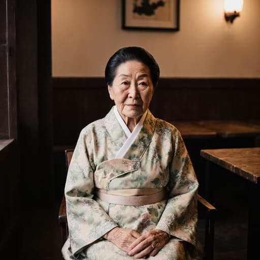 세련된 80대 한국인 여성의 반신 샷으로, 그녀의 독특한 외모와 매력적인 주름을 보여줍니다. 그녀는 아늑한 카페에 우아하게 앉아 있으며, 부드러운 색상의 아름다운 패턴의 전통 한복을 입고 있습니다. 그녀의 표정은 외로움이 느껴지며, 고요한 눈빛이 감정을 반영하고 있습니다. 손은 무릎 위에 부드럽게 놓여 있으며, 따뜻한 조명과 나무 테이블이 있는 카페에서 기다리고 있는 모습이 초대하는 듯하면서도 사색적인 분위기를 만들어냅니다.