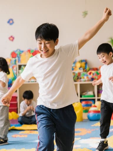 밝고 건강한 외모의 10대 초반 아시아계 남성이 편안한 티셔츠와 운동복 바지를 입고, 아늑한 놀이방에서 신나게 춤추는 모습. 다른 아이들과 함께 행복과 에너지를 발산하고 있습니다.