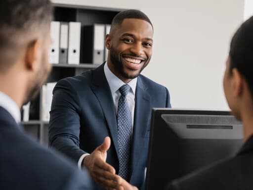 40대 흑인 남성이 깔끔한 정장을 입고 밝게 웃으며 고객에게 인사하는 모습의 반신 촬영, 모던한 사무실 환경에 책장과 컴퓨터가 배경으로 보입니다.