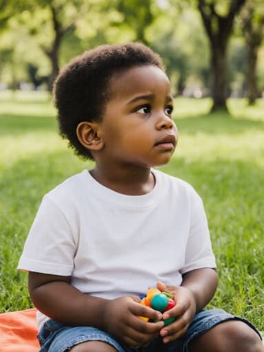 한 공원에서 푸른 잔디 위에 앉아 있는 3세 흑인 남자 어린이의 반신 사진. 편안한 티셔츠와 반바지를 입고 손에 작은 장난감을 들고 있으며, 지루한 표정을 지으며 주변을 바라보고 있는 모습이 담겨 있습니다. 주위는 나무와 푸른 잔디로 가득 차 있어 평화롭고 편안한 분위기를 연출합니다.
