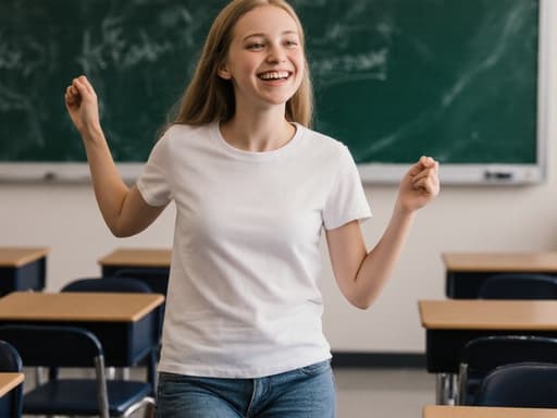 10대 초반 유럽계 소녀의 반신 사진으로, 편안한 학생 복장을 하고 있습니다. 그녀는 친근하고 밝은 표정을 지으며, 교실 배경에 책상과 칠판이 있는 환경에서 몸을 약간 기울이며 춤추는 자세를 취하고 있습니다.