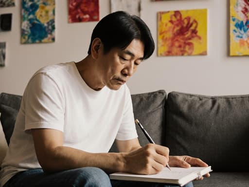 중년의 동양인 남성이 편안한 소파에 앉아 있으며, 캐주얼한 티셔츠와 청바지를 입고 있습니다. 그는 깊은 생각에 잠긴 듯한 피곤한 표정을 지으며 손에 스케치북을 들고 그림을 그리려는 자세를 취하고 있습니다. 스튜디오는 다양한 그림들로 가득 차 있어 영감을 주는 분위기를 만들어냅니다.