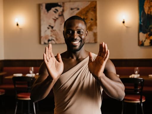 40대 아프리카계 남성이 편안한 무용복을 입고, 따뜻한 미소를 지으며 가슴 높이로 손을 들어 인사하는 모습이 아늑한 카페의 따뜻한 조명과 예술적인 장식 속에서 포착되었습니다.