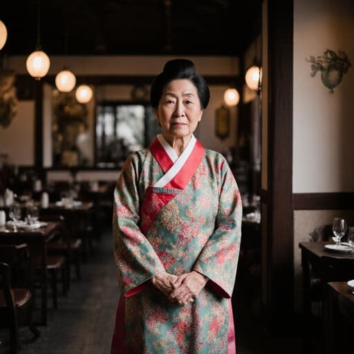 70대의 자연스러운 외모를 가진 한국인 여성의 반신 사진. 전통 한복을 입고 손을 모아 인사하는 자세로 서 있으며 지루한 표정을 짓고 있습니다. 배경은 전통 카페로, 문화적인 분위기를 더해줍니다.
