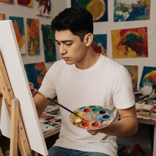 편안한 티셔츠와 청바지를 입은 10대 후반의 라틴계 남성 모델이 캔버스를 바라보며 한 손에 팔레트를, 다른 손에 붓을 들고 집중하는 모습이 담긴 이미지. 주위에는 다양한 그림과 도구들이 놓인 예술 스튜디오가 있다.